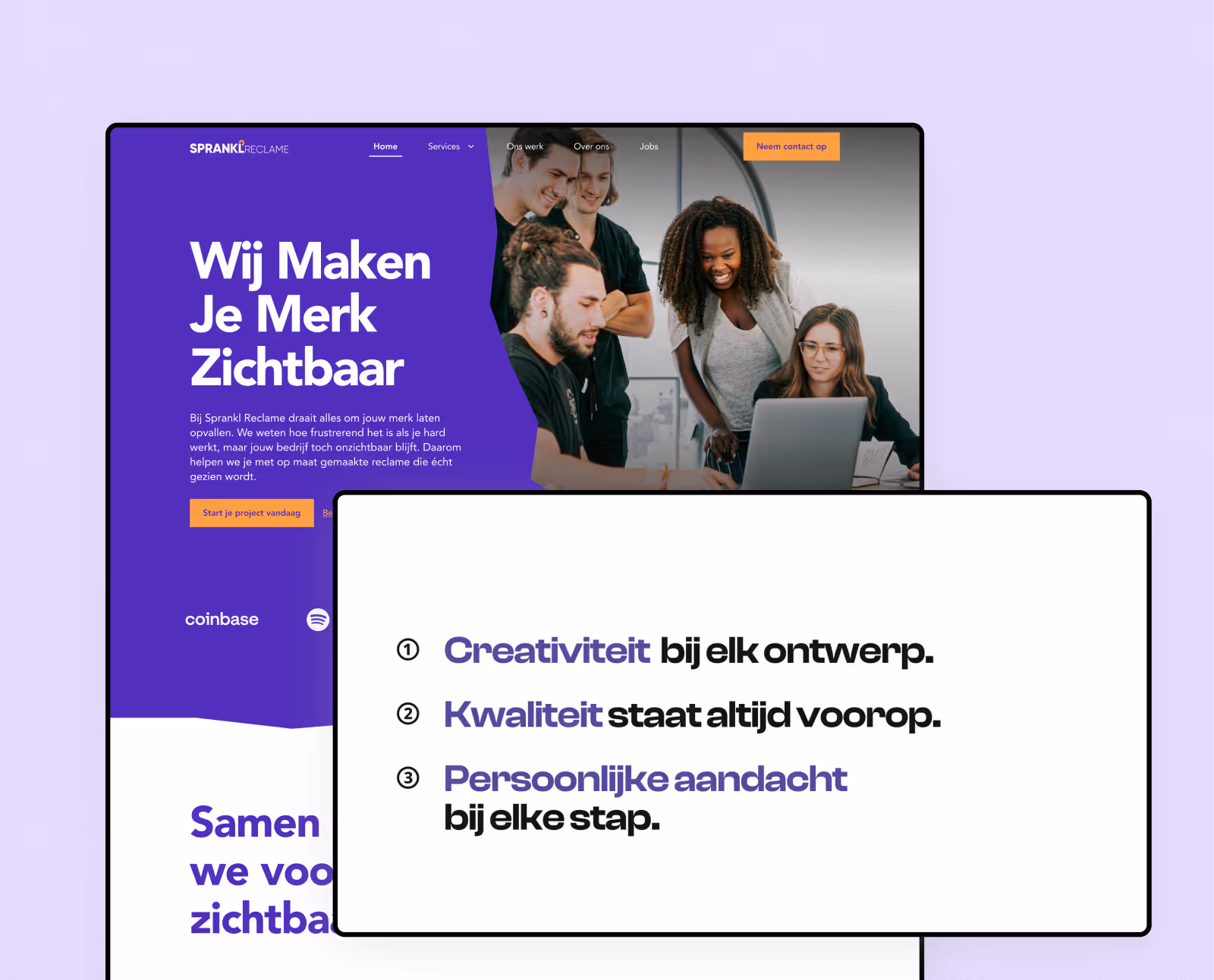 Sprankl Reclame homepage with a purple introduction, team photography, and overlapping panels.