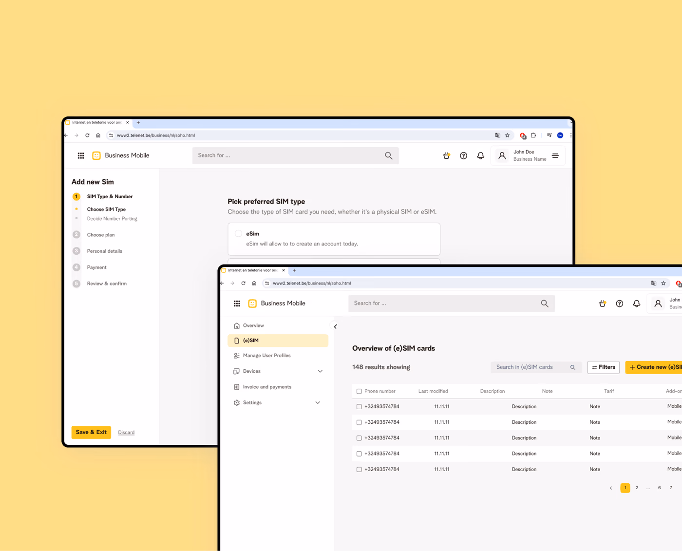 Telenet Business SIM setup and management screens presented with shared navigation.